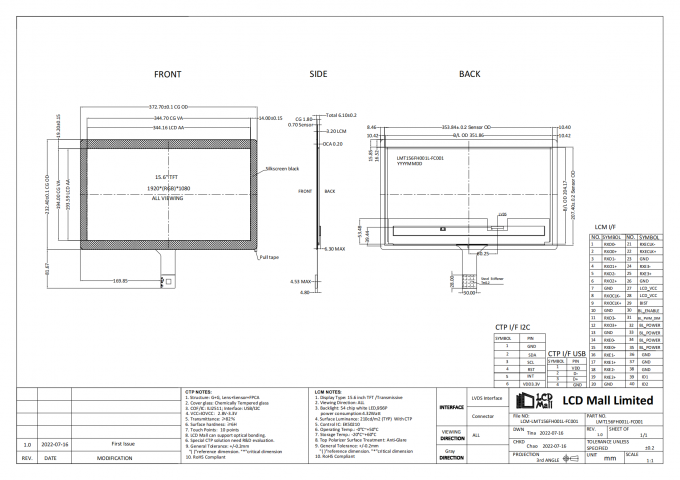 1920*1080 Rozdzielczość CTP TFT LCD Moduł 15,6 cali Panel LCD 210cd 0