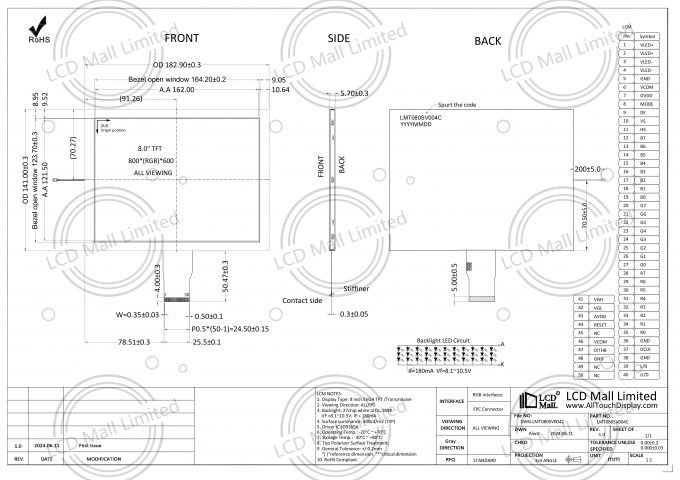800*600 Panel LCD 400Nits Moduł TFT LCD z interfejsem RGB i kierunkiem widzenia ALL/IPS 0