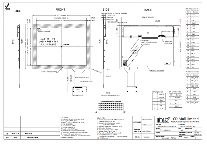 Dostosowalny 12,1 cali LCD Display Module z rozdzielczością 1024*768 i 20pin LVDS Interface 0
