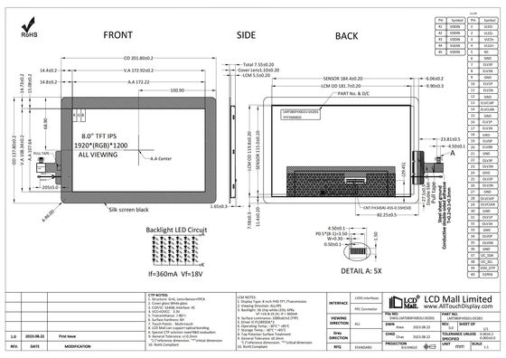 kupować Smart 8' FHD TFT LCD CTP Display 1920*1200 LCD Screen IPS Viewing 1000nits Interfejs LVDS online manufacture